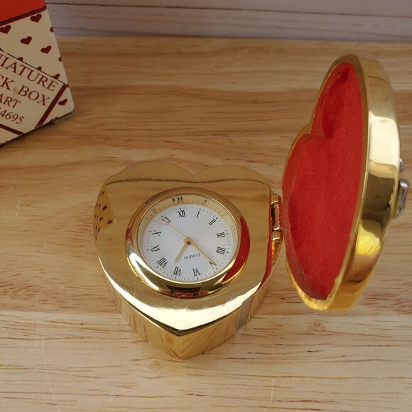 Miniature Heart-Shaped Clock Red Velvet Interior NOT Working Box With Bow Design - Picture 3 of 12